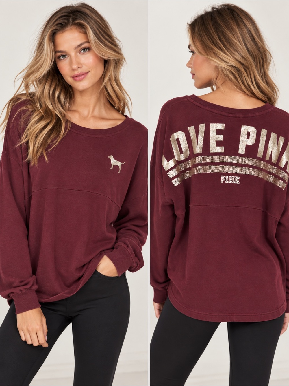 PINK Victoria's Secret Maroon 'Love Pink' Long-Sleeve Crew Sweatshirt Small